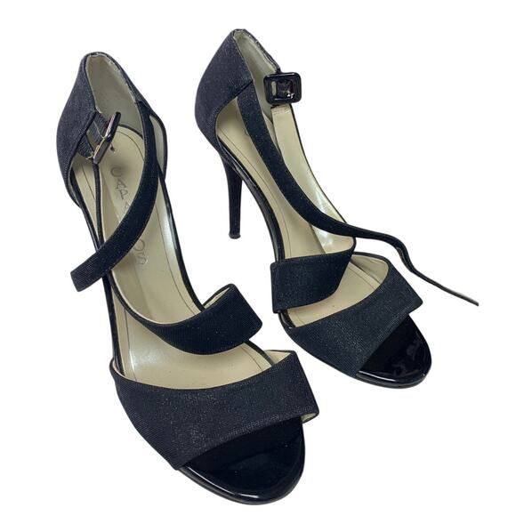 Caparros Womens 8.5 Metallic Black 4.5" Heels Open Toe Leather Ankle Strap Shoes - Picture 1 of 6